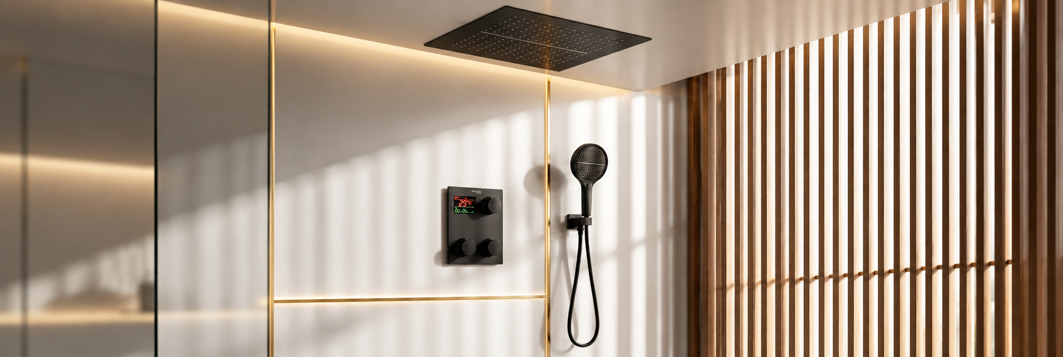 BathSelect matte black square ceiling rainfall smart shower system with digital valve and handheld sprayer