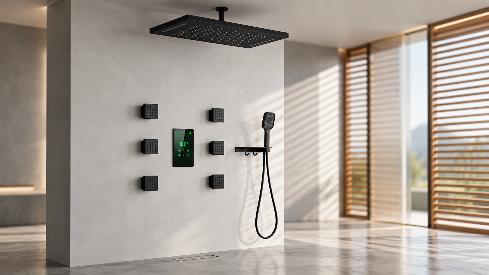 BathSelect matte black square ceiling rainfall shower system with six body jets digital thermostat and handheld shower