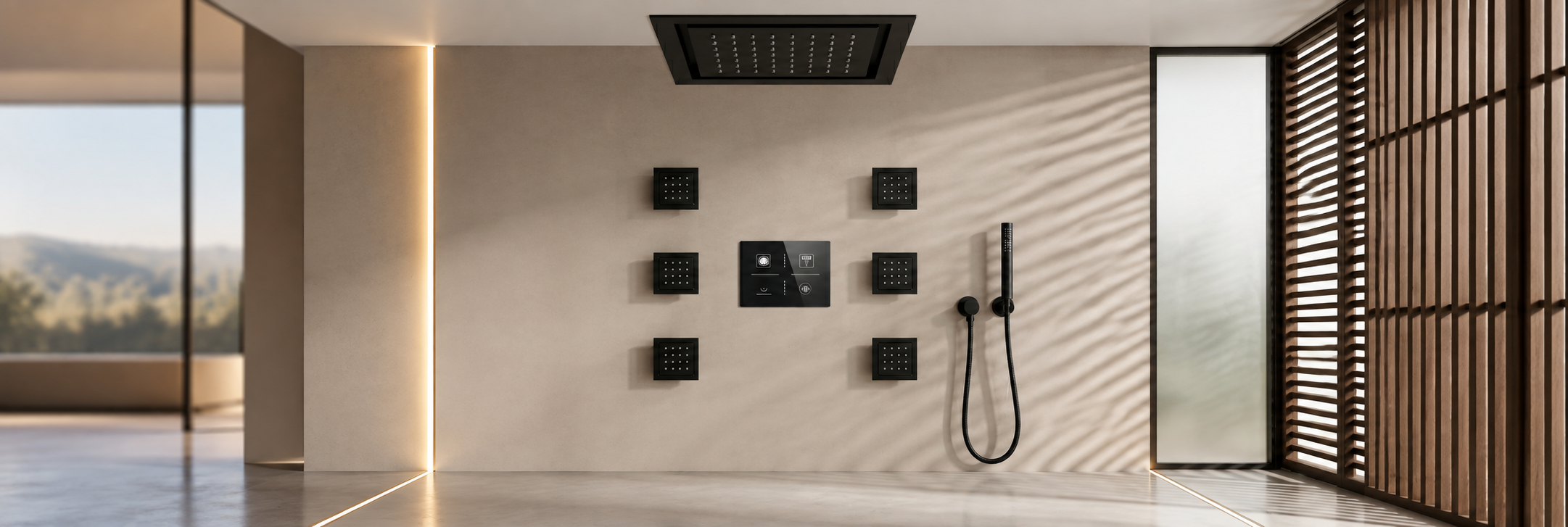 BathSelect matte black recessed ceiling rainfall shower with six square body jets and handheld sprayer