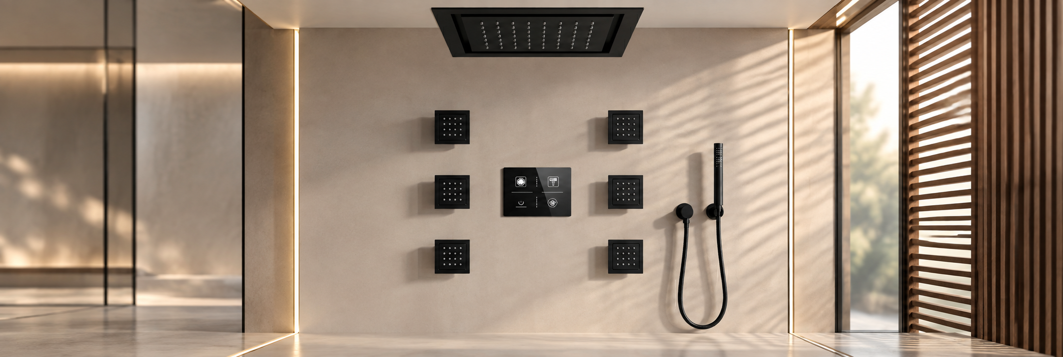 BathSelect matte black recessed ceiling rainfall shower system with six square body jets and handheld sprayer