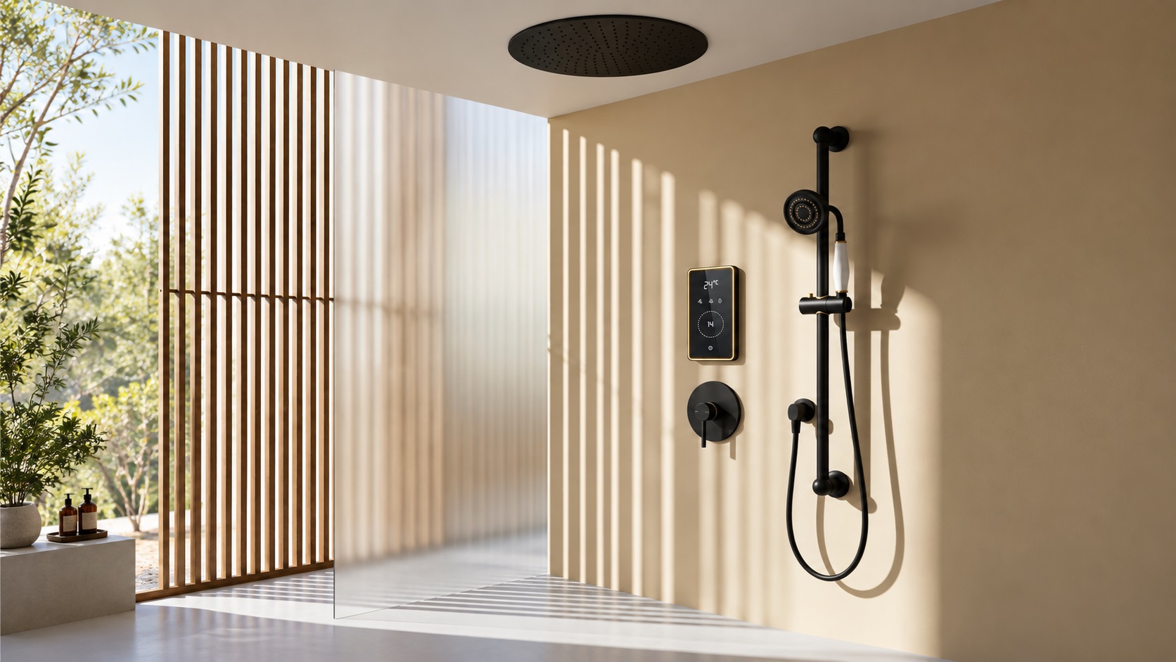 Matte black multifunctional shower systems with body massage jets for spa bathrooms