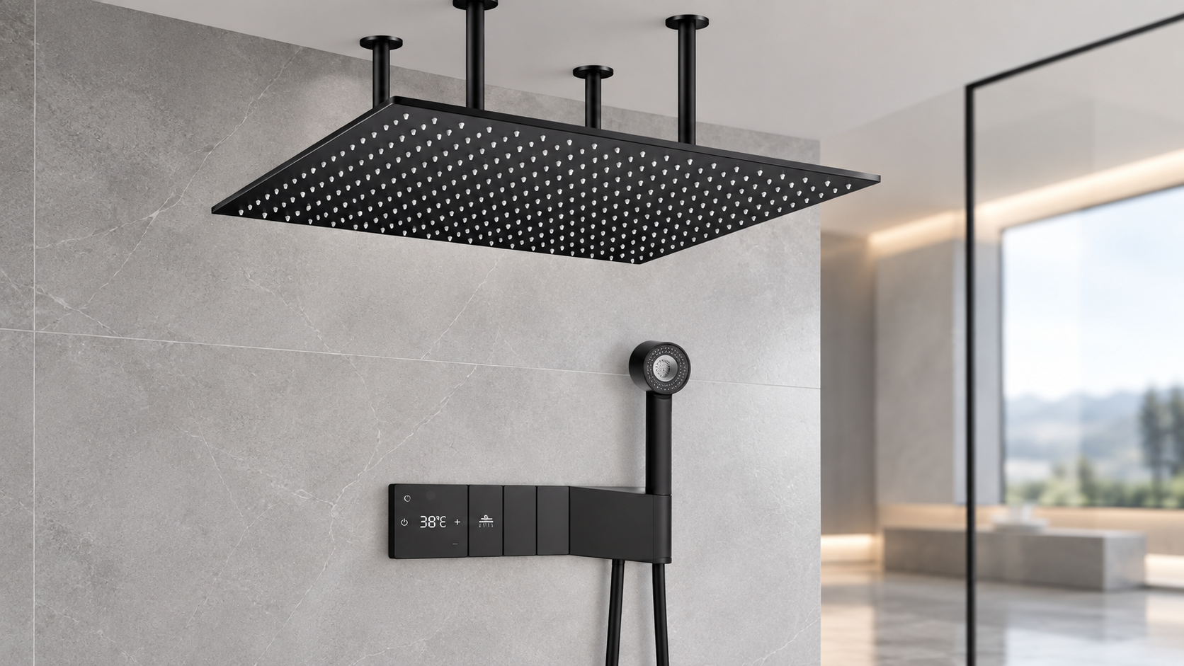 BathSelect matte black square rain shower system in a modern walk-in hospitality bathroom