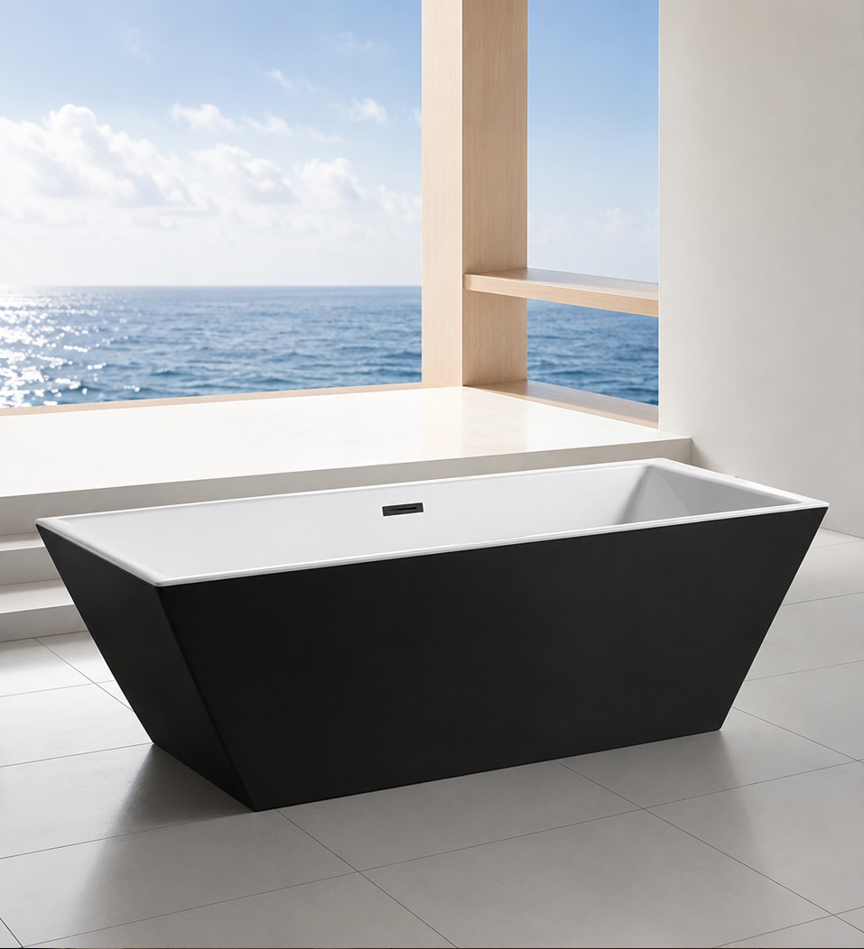 Matte Black Freestanding Bathtub with Ocean View