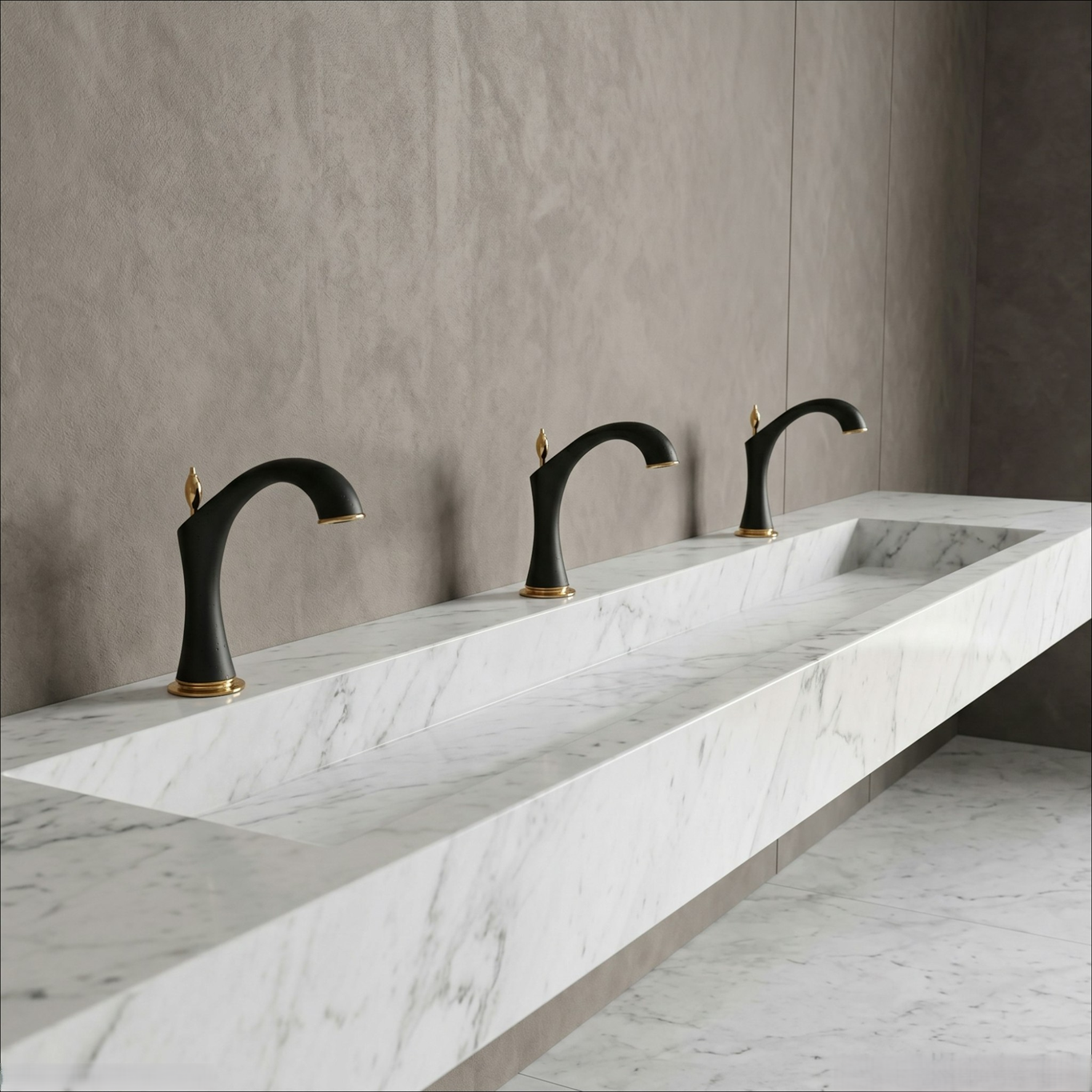 Minimal luxury bathroom showing balanced geometry and coordinated BathSelect fixture collections