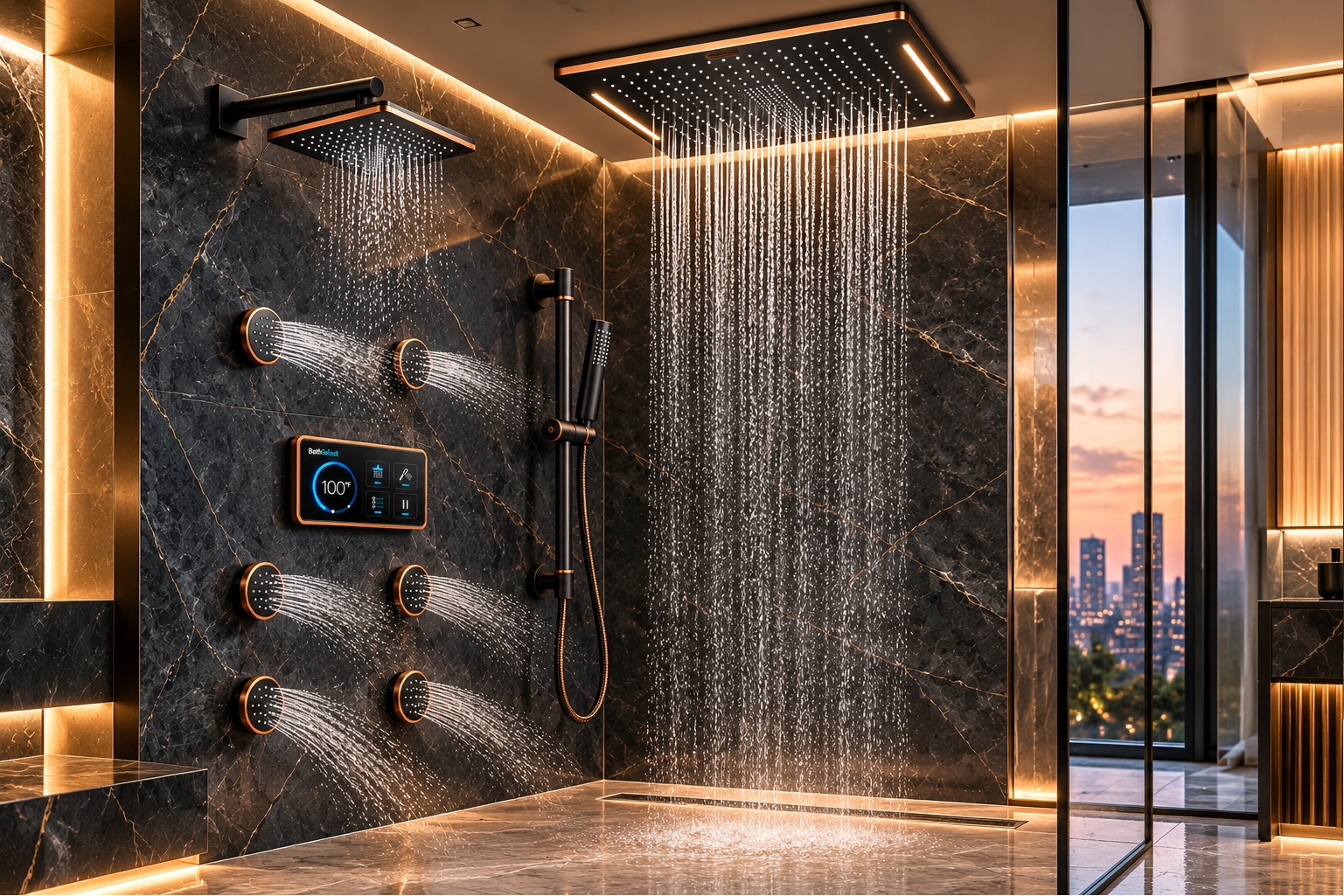 BathSelect matte black LED rainfall shower system with body sprays and handheld sprayer