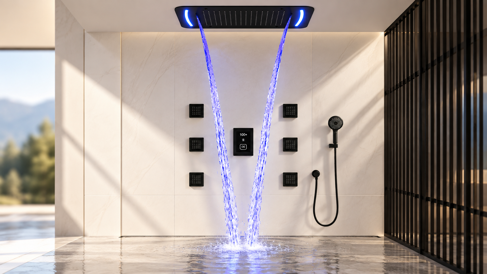 BathSelect matte black LED dual waterfall and rainfall shower system with six square body jets and handheld sprayer