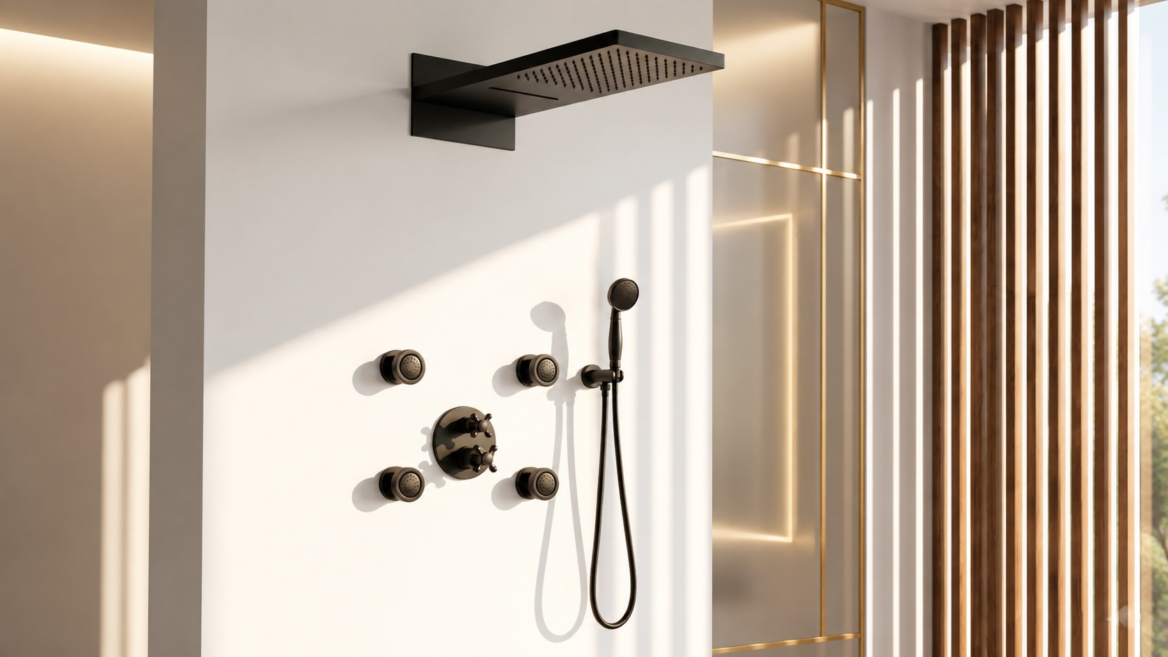 Oil rubbed bronze wall-mounted square rainfall shower system with four body jets and handheld sprayer