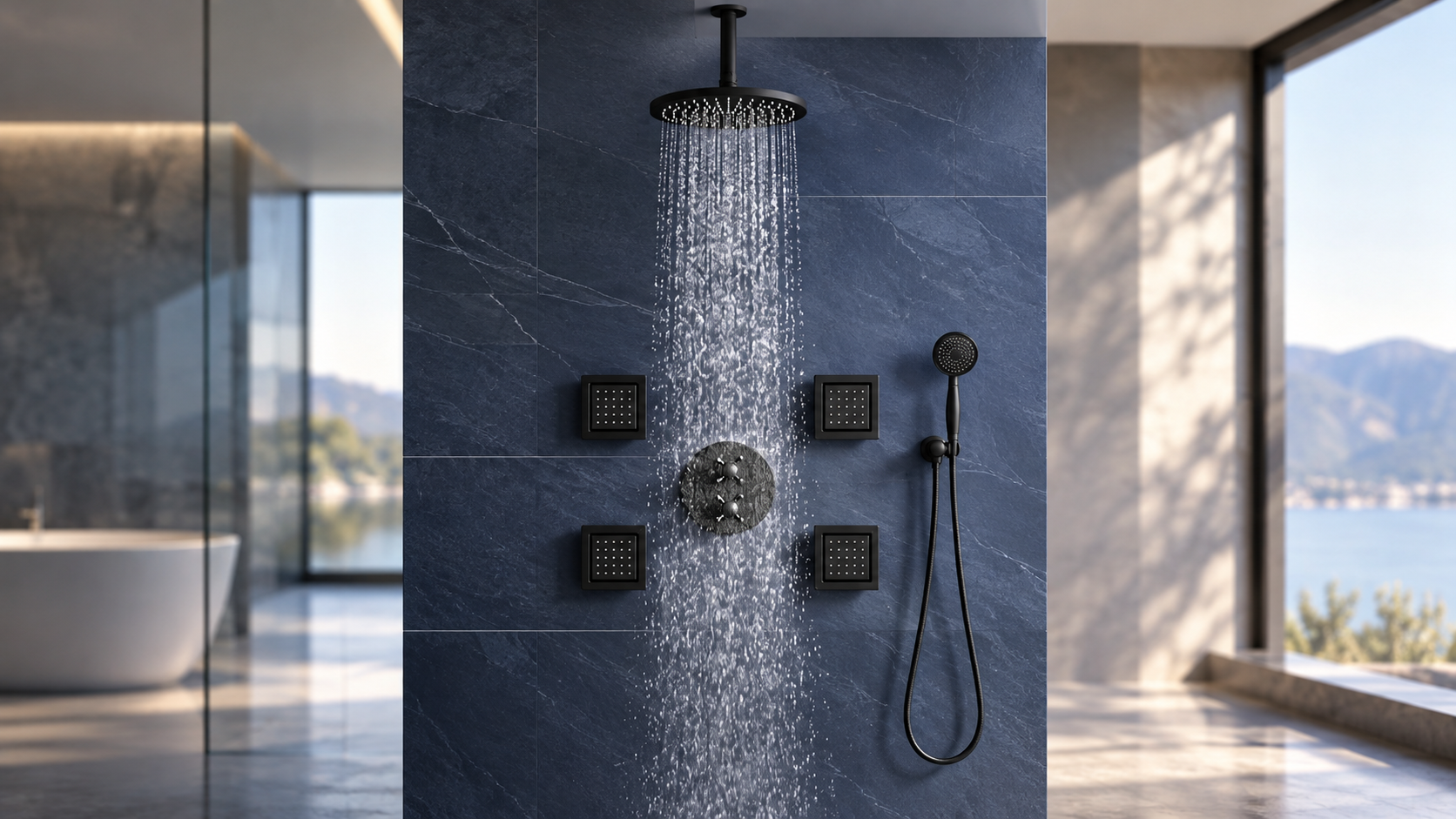 Matte black ceiling-mounted round rainfall shower system with four square body jets and handheld sprayer
