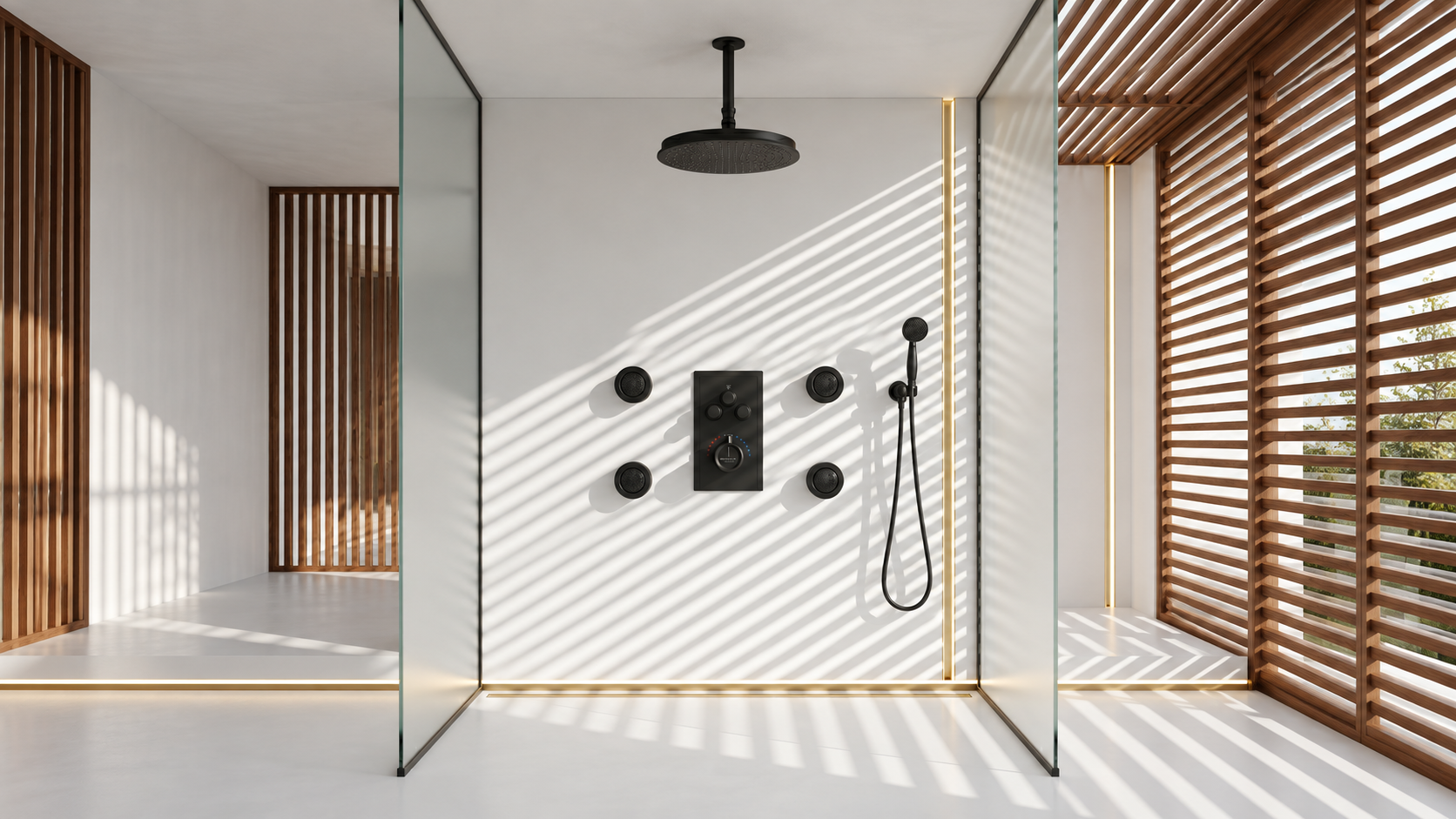 BathSelect matte black ceiling rainfall shower system with six body jets digital thermostat and handheld for architect and developer projects