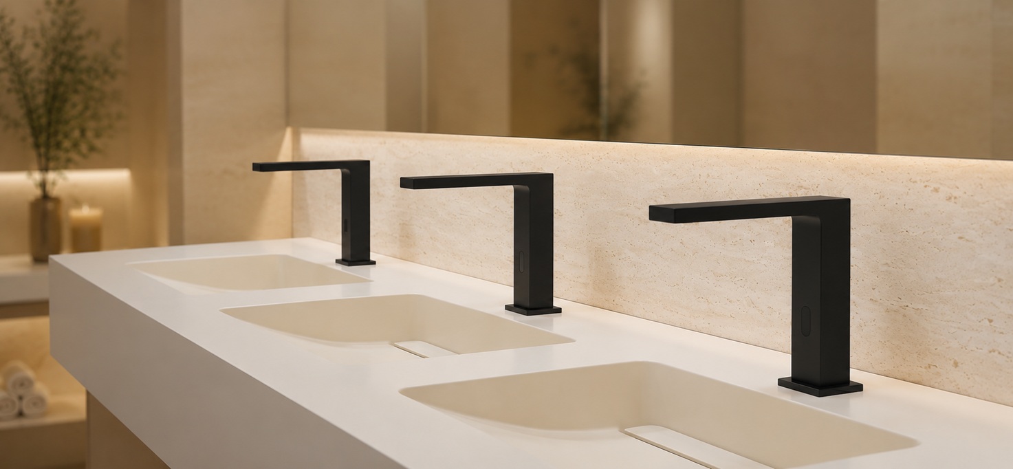 Community-centered sustainable restroom design with touchless fixtures and resilient public facility planning