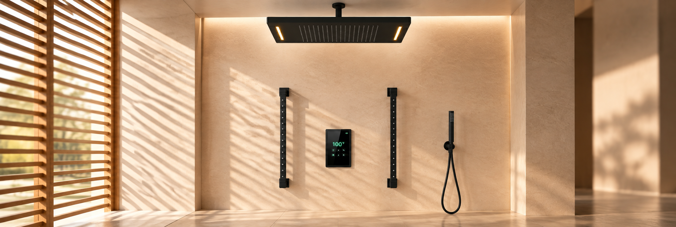 BathSelect matte black LED rectangular ceiling rainfall shower system with body spray bars and handheld sprayer