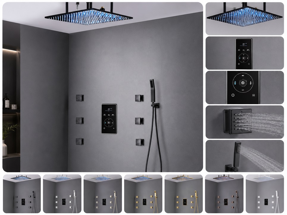 BathSelect Royal oil rubbed bronze digital rainfall shower system with LCD mixer and six body jets