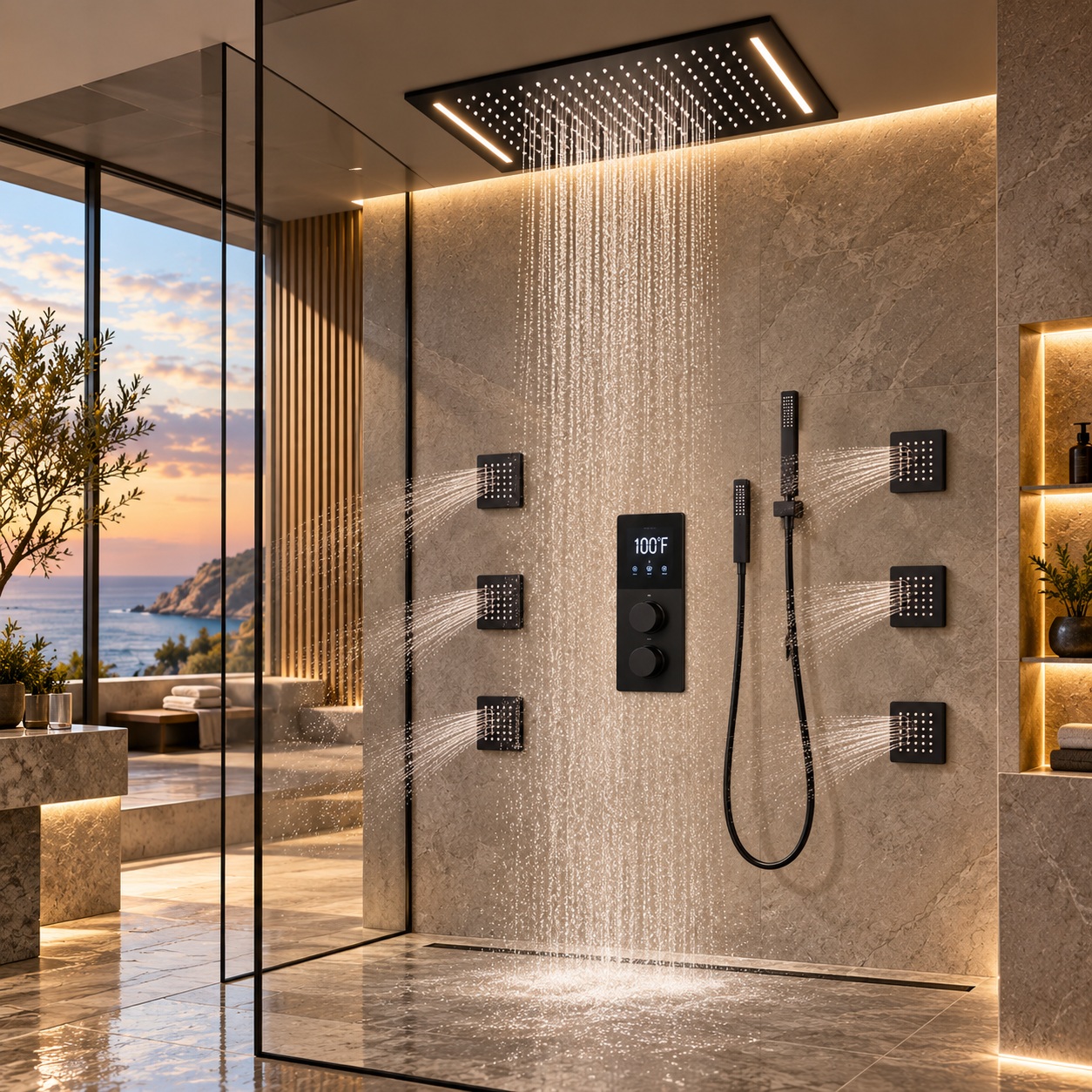 Matte black square ceiling rainfall shower system with digital valve and handheld sprayer
