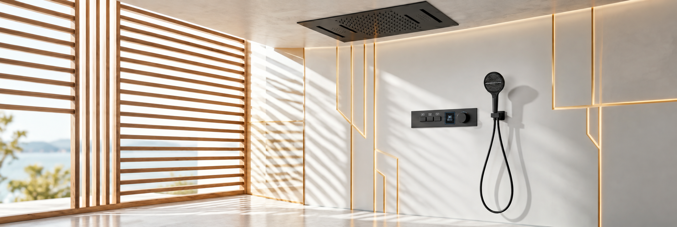 BathSelect matte black multifunction ceiling rainfall shower panel with handheld sprayer and digital control
