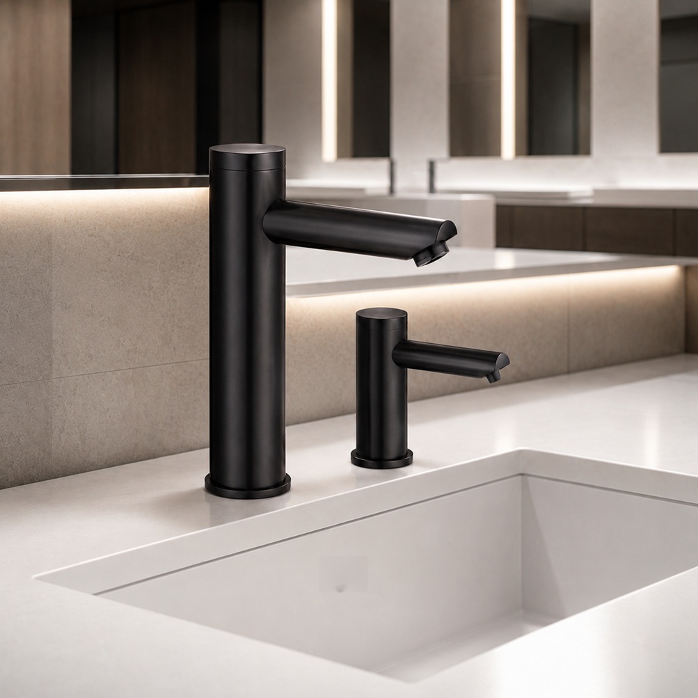 Matte black touchless faucet with matching automatic soap dispenser installed beside a modern commercial restroom sink.