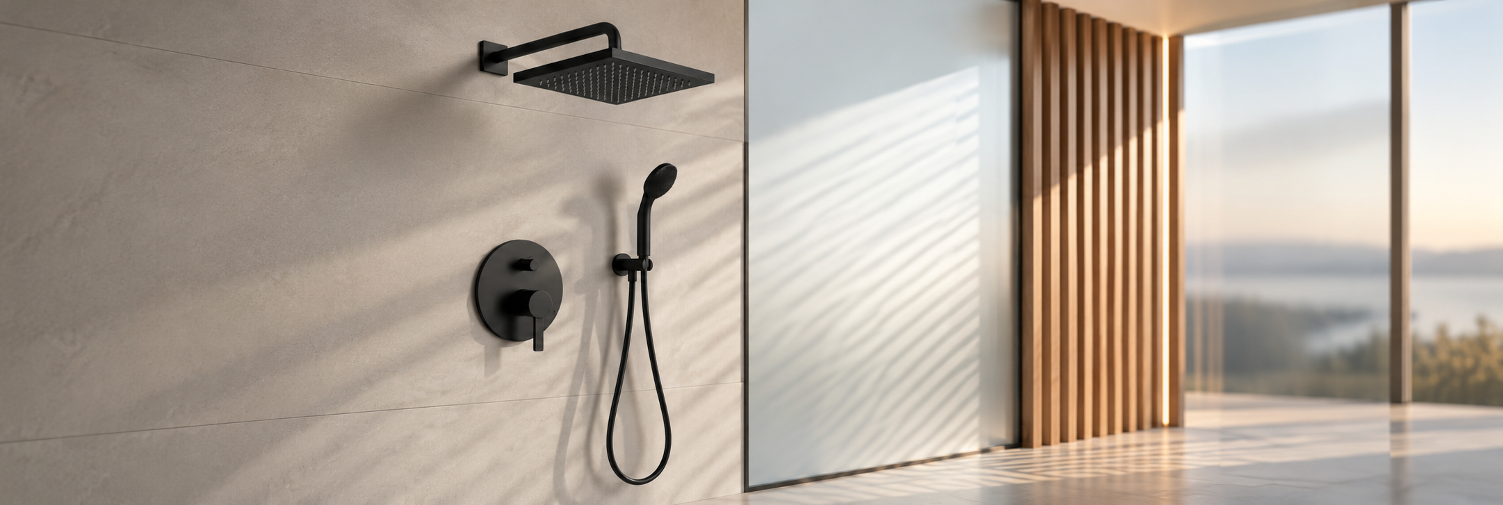 Matte black wall-mounted square rainfall shower system with matching handheld sprayer