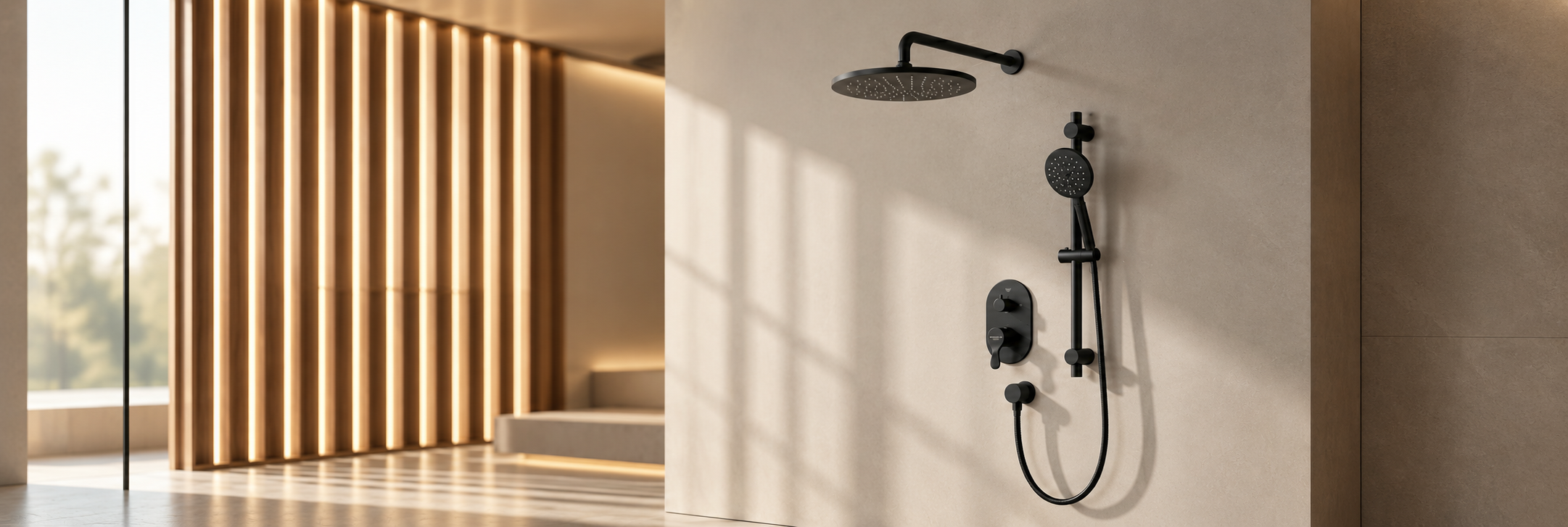 BathSelect matte black round rainfall shower head with slide bar handheld and mixer valve