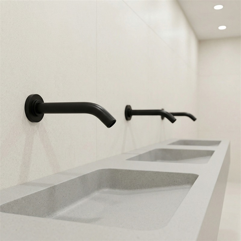 Hospital restroom with commercial touchless sensor faucets for hygienic handwashing, low-touch operation, and maintenance planning