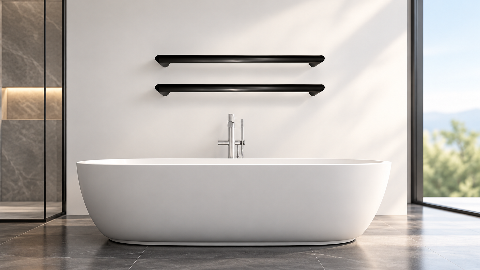 Matte black single-bar electric heated towel rail for luxury residential and contemporary bathrooms