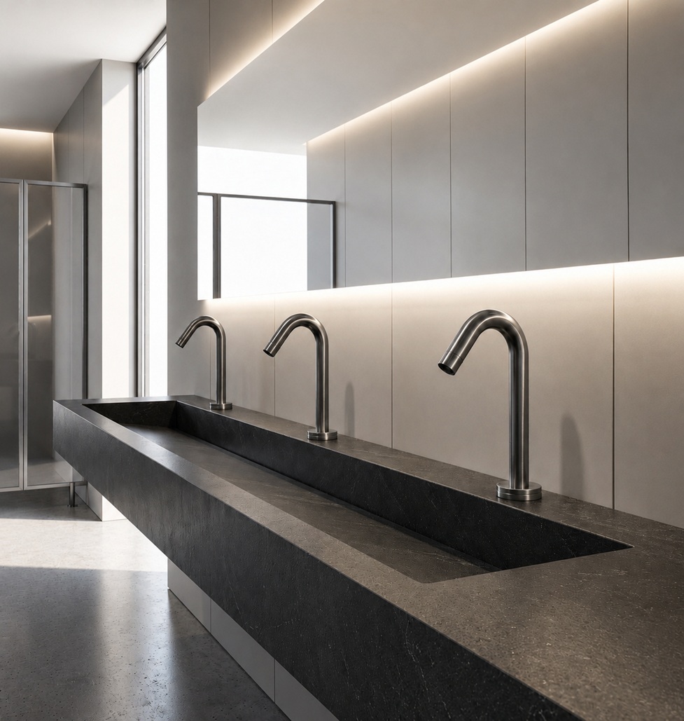 BathSelect coordinated touchless bathroom fixtures in a contemporary commercial restroom