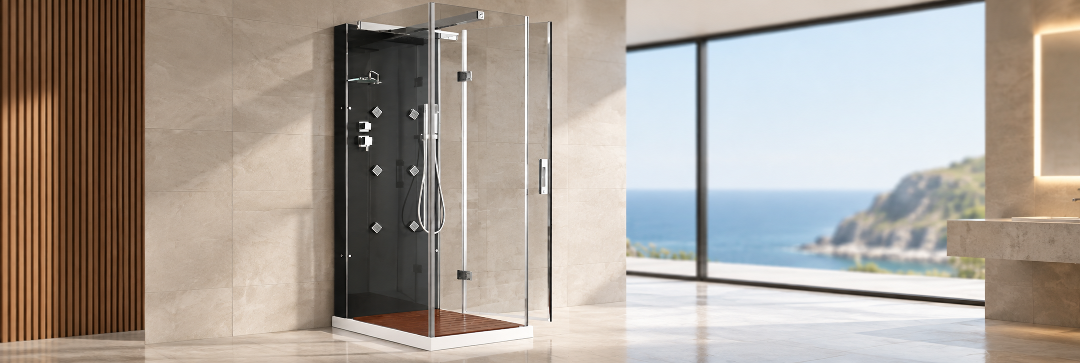 Modern glass shower cabinet with enclosed shower design and integrated shower fixtures