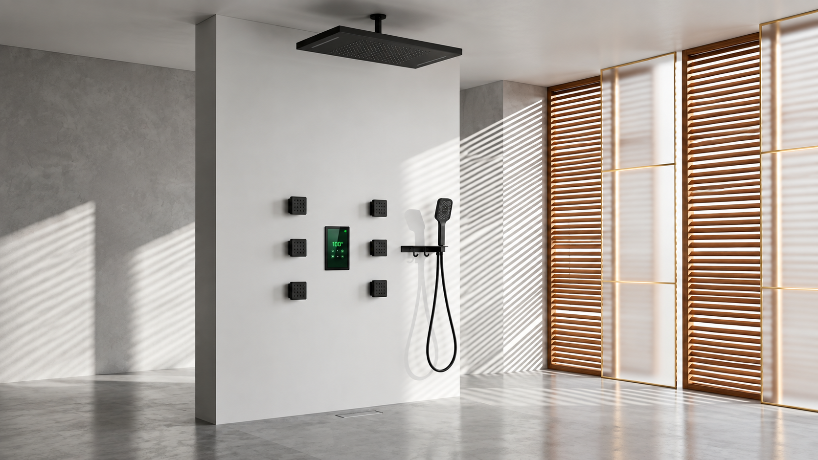 BathSelect matte black LED rectangular ceiling rainfall shower system with body spray bars and handheld for hospitality bathrooms