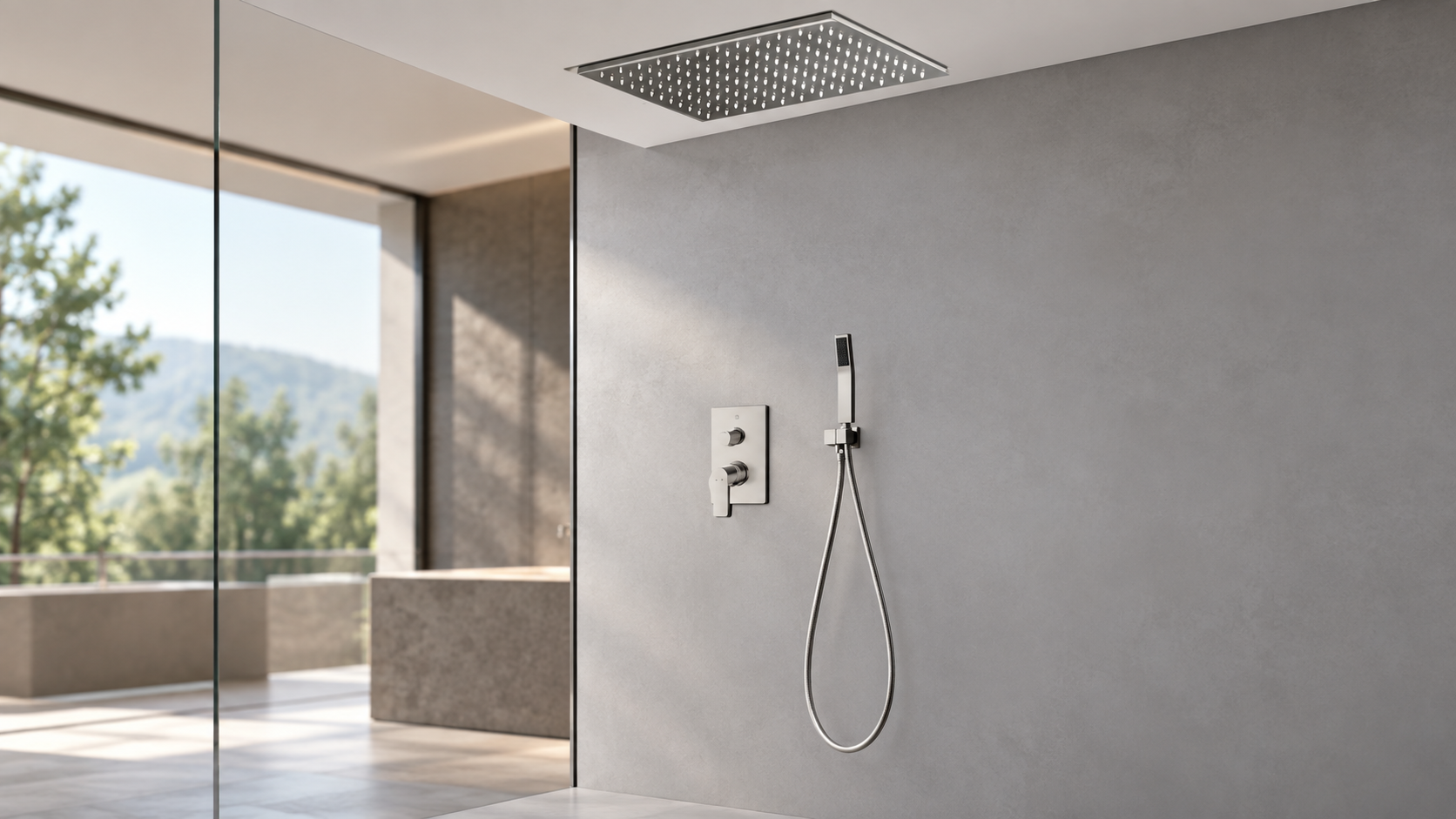BRAVAT brushed nickel ceiling rainfall shower system with thermostatic controls for commercial and multifamily bathrooms
