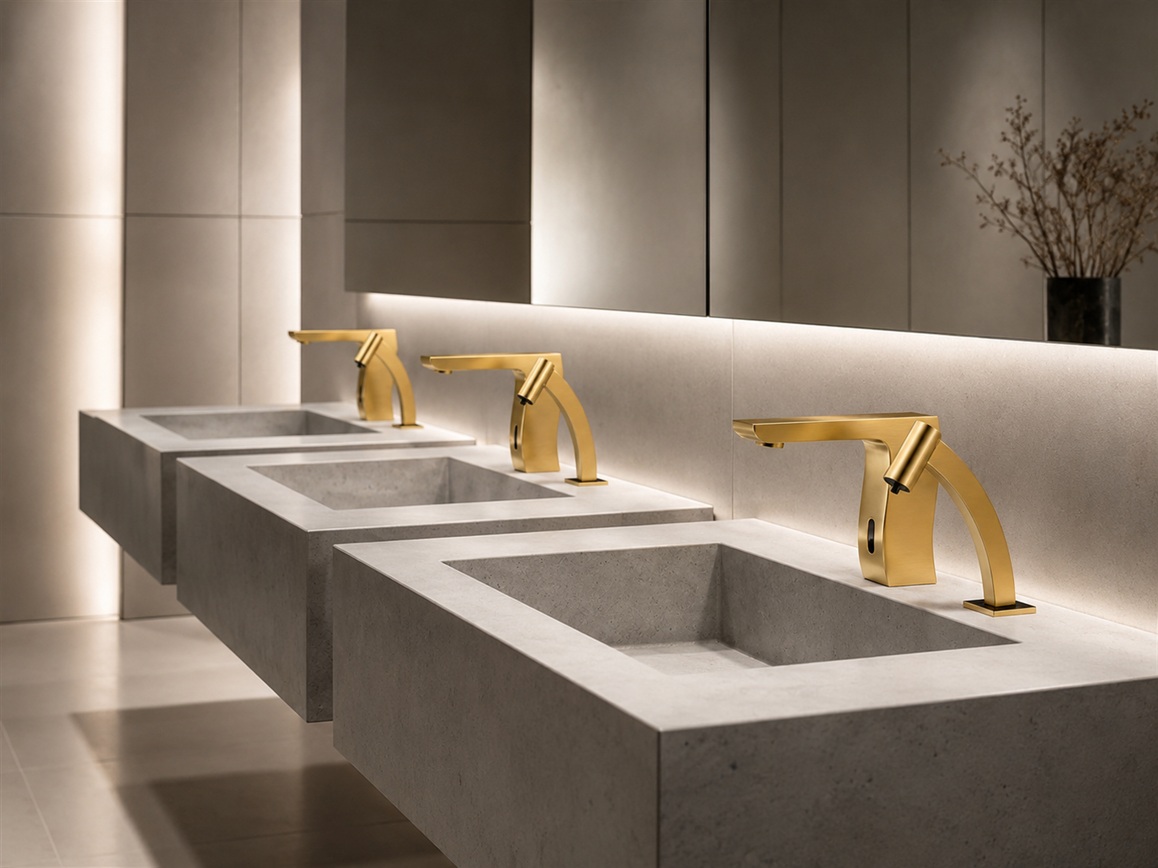 Modern commercial bathroom vanity with brushed gold sensor faucets, floating concrete sinks, large wall mirror, soft LED lighting, and minimalist luxury restroom design