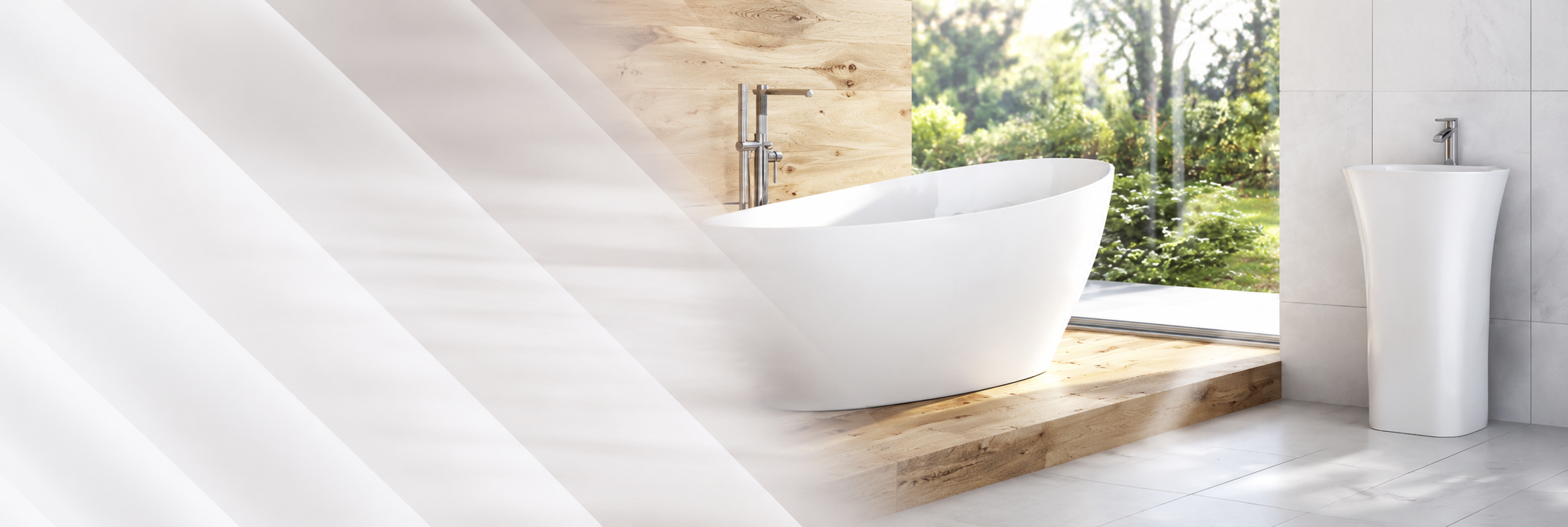 BathSelect luxury freestanding pedestal bathroom sink in a modern bathroom with a sculptural white basin