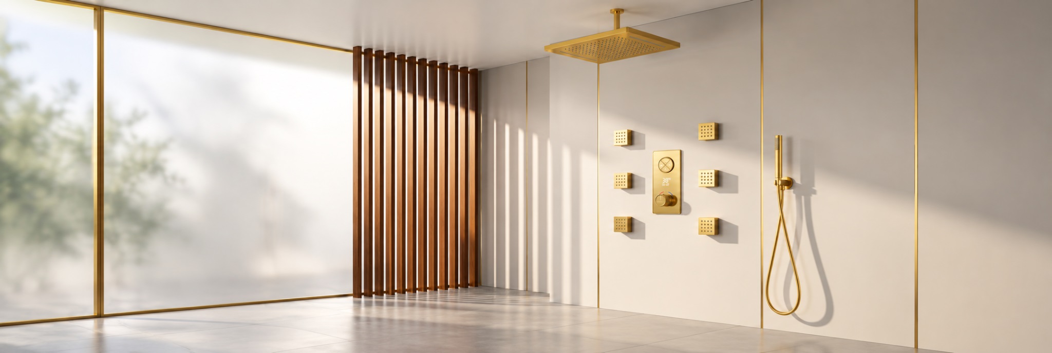BathSelect rainfall and waterfall brushed gold shower systems