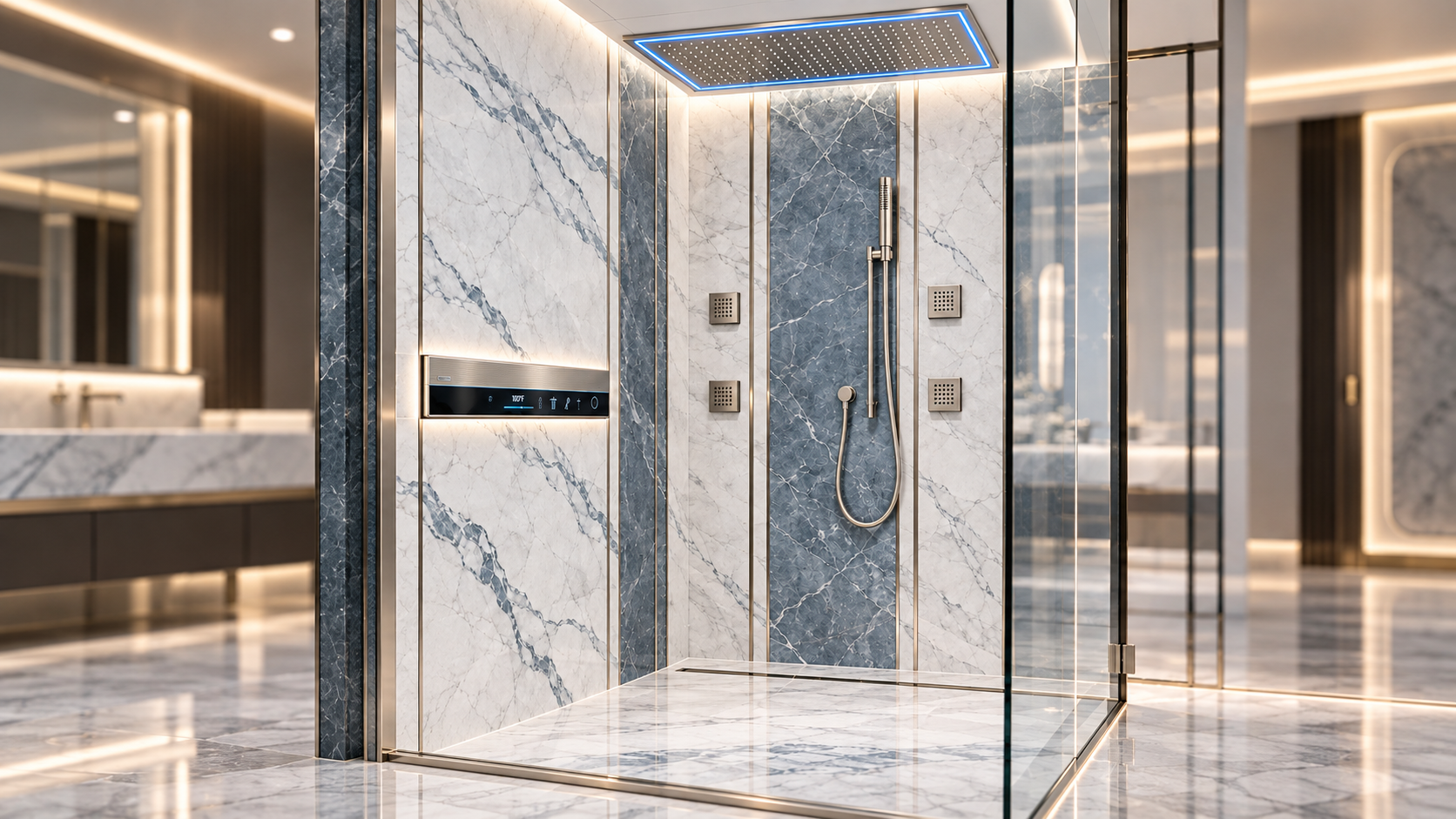 Chrome ceiling-mounted LED rainfall shower in a white marble hotel bathroom