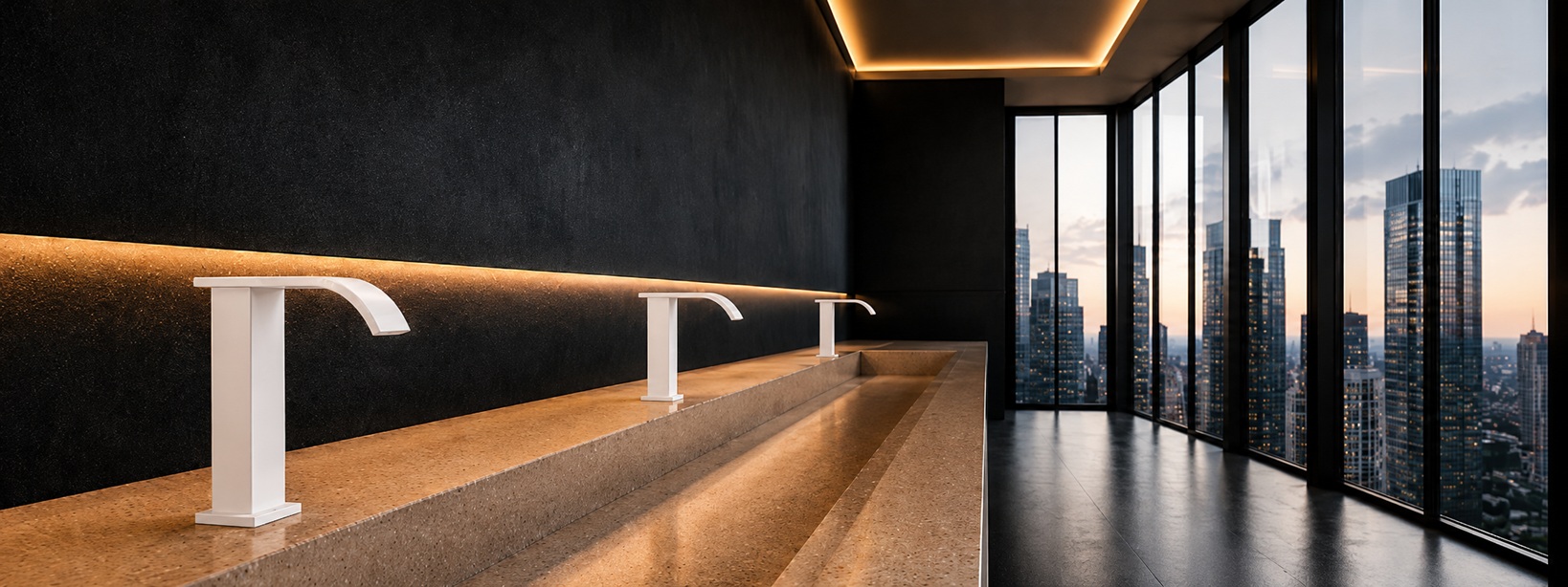 Modern luxury bathroom with matte white faucets, long integrated stone trough sink, dark textured wall, warm LED lighting, and floor-to-ceiling city skyline views
