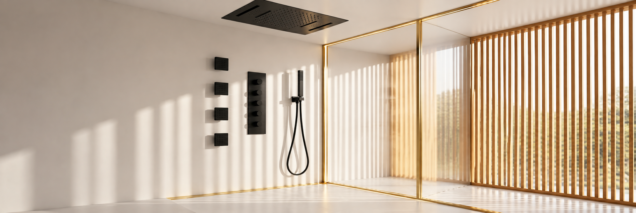 BathSelect Umbraforge matte black ceiling rain shower with four square body massage jets