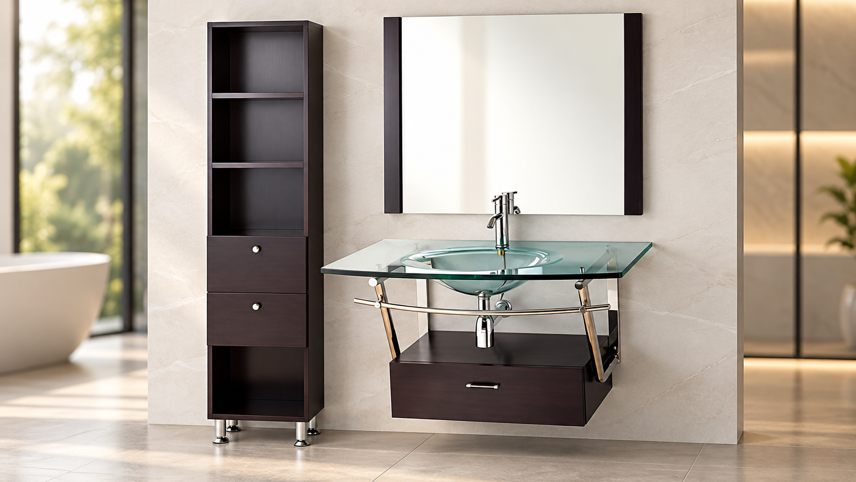 Contemporary tempered glass bathroom vanity set with mirror, cabinet and integrated basin for luxury residential bathrooms