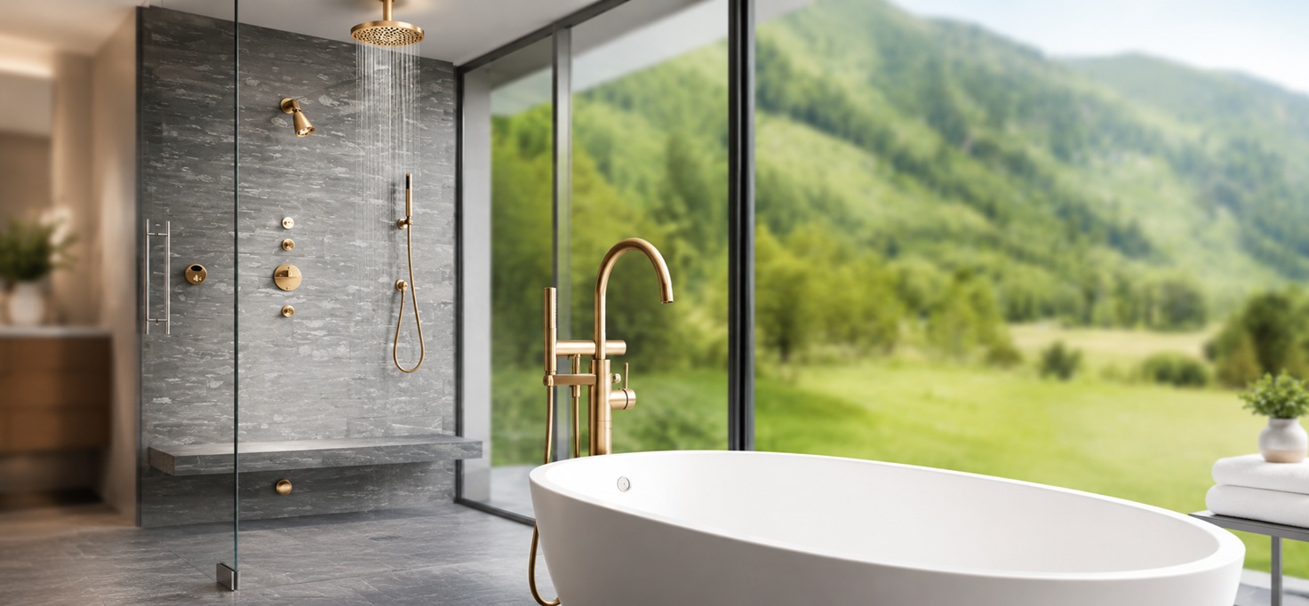 High-performance commercial restroom with smart water systems and sustainable fixture design
