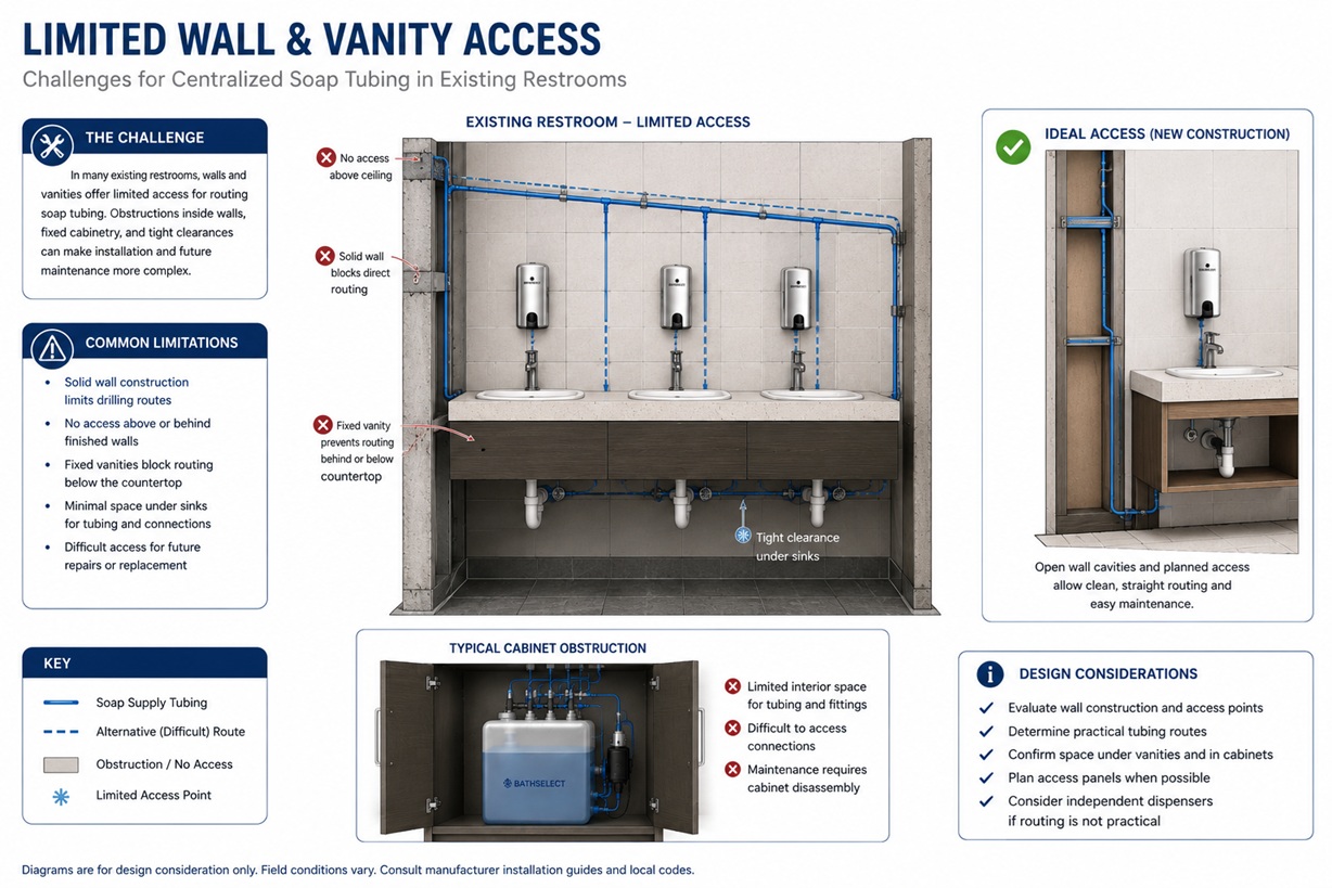 Engineering section diagram showing limited wall and vanity access for centralized soap tubing in an existing restroom