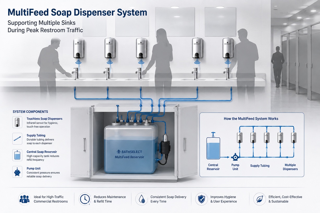 Engineering diagram showing a MultiFeed soap dispenser system supporting multiple sinks during peak restroom traffic