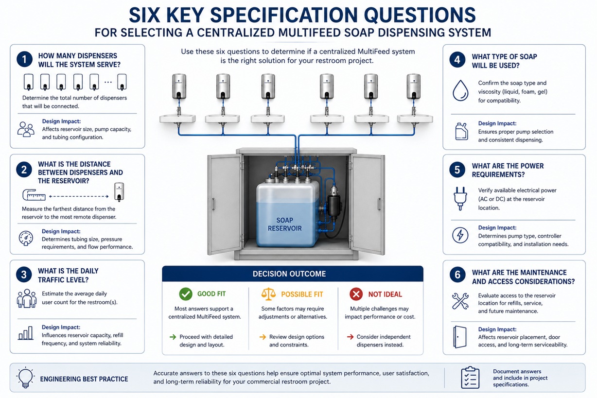 Engineering decision diagram illustrating six specification questions for selecting a centralized MultiFeed soap dispensing system