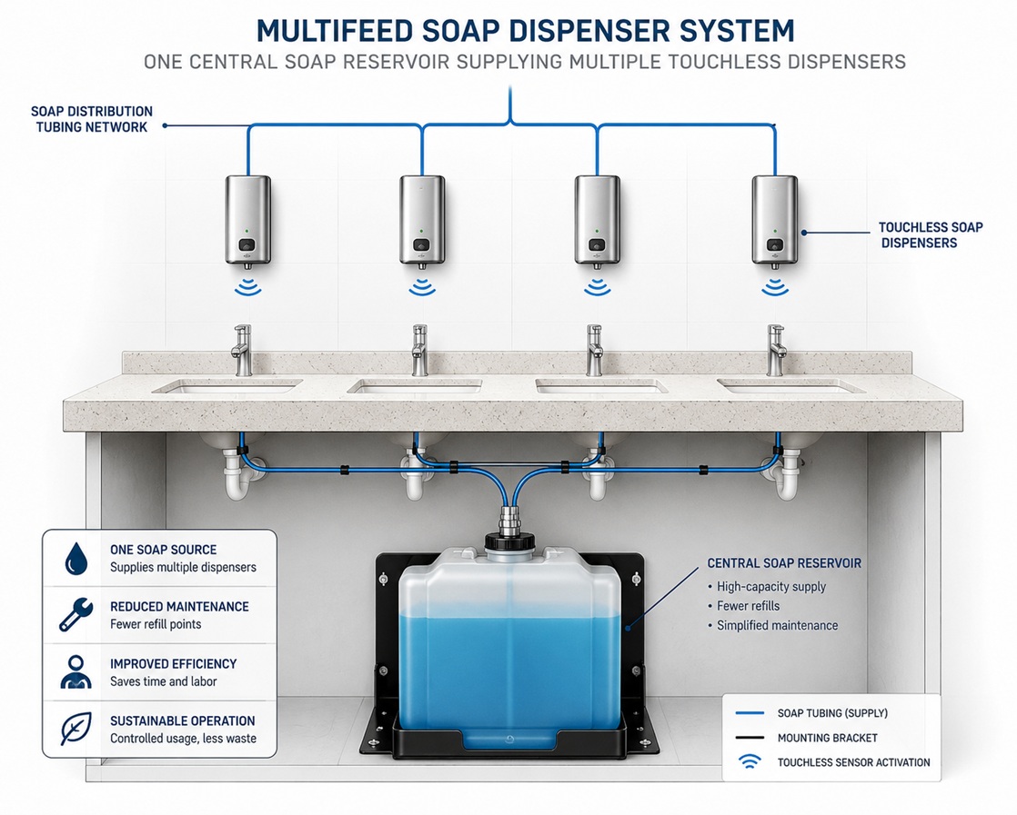 Engineering diagram showing one central soap reservoir supplying multiple touchless dispensers