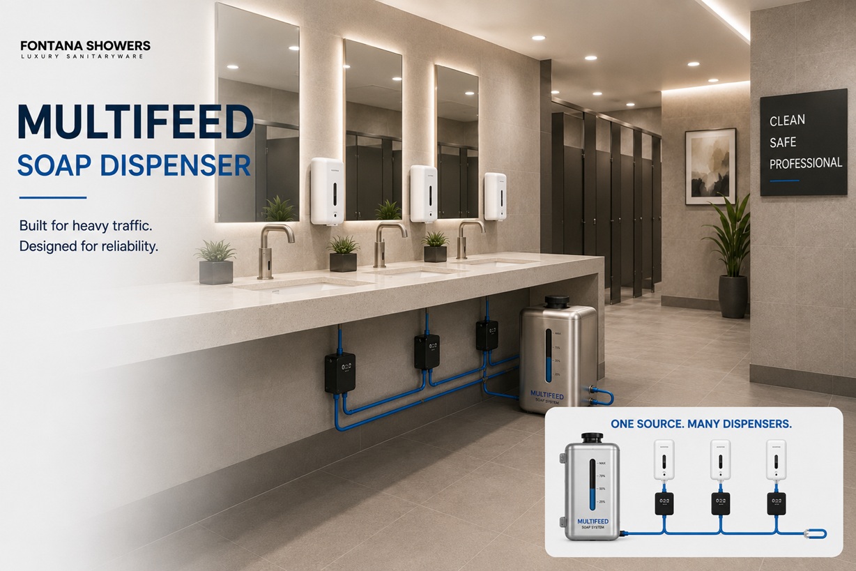 Office building commercial restroom with coordinated touchless faucets and centralized MultiFeed soap dispensing