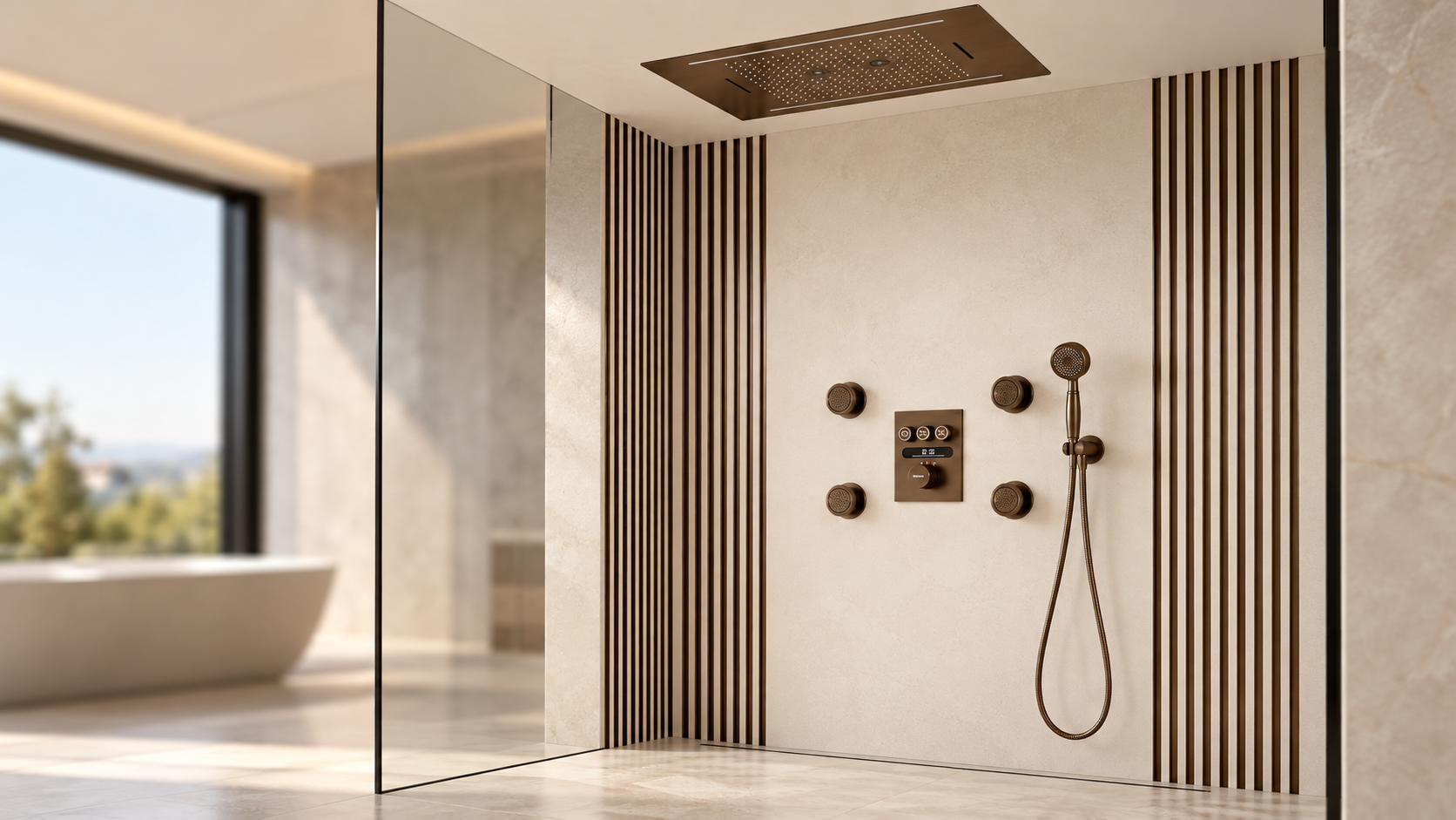 Bronze-tone ceiling rainfall shower panel with four body jets