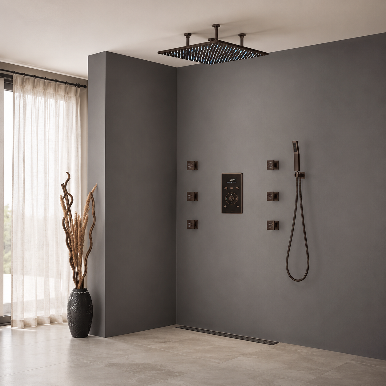 BathSelect Royal Dark Oil Rubbed Bronze Shower System with LCD Digital Mixer, Hand Shower and Six Adjustable Body Jets