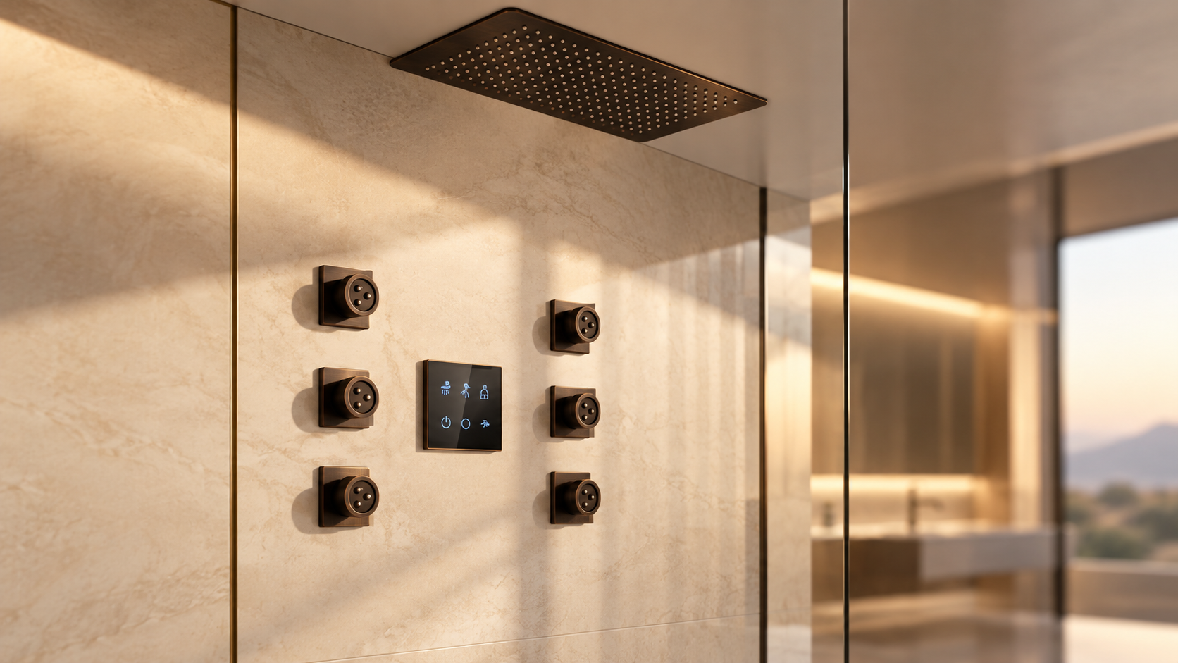 Oil rubbed bronze square rainfall shower system with body jets and digital control
