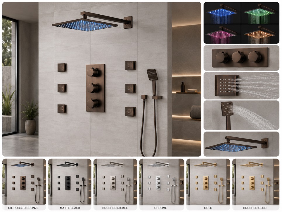 BathSelect Sierra oil rubbed bronze wall mount rainfall shower with six body jets and handheld shower