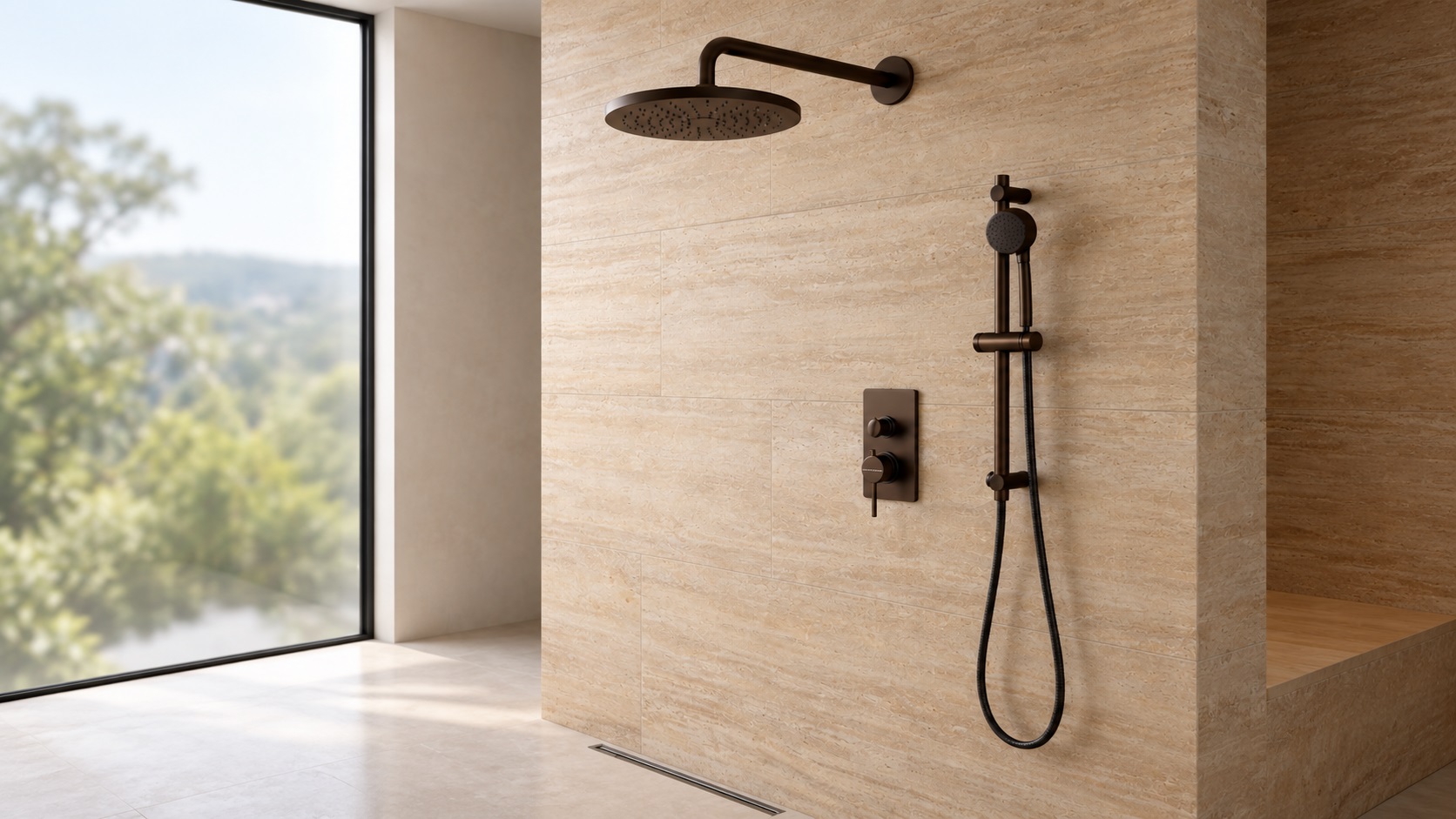 Oil rubbed bronze multifunctional shower system for a luxury residential bathroom