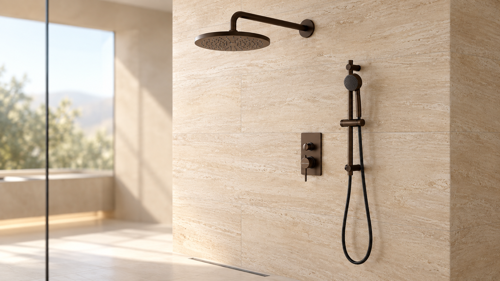 BathSelect oil rubbed bronze wall-mounted rainfall shower system with four body jets and handheld sprayer for spa and wellness bathrooms