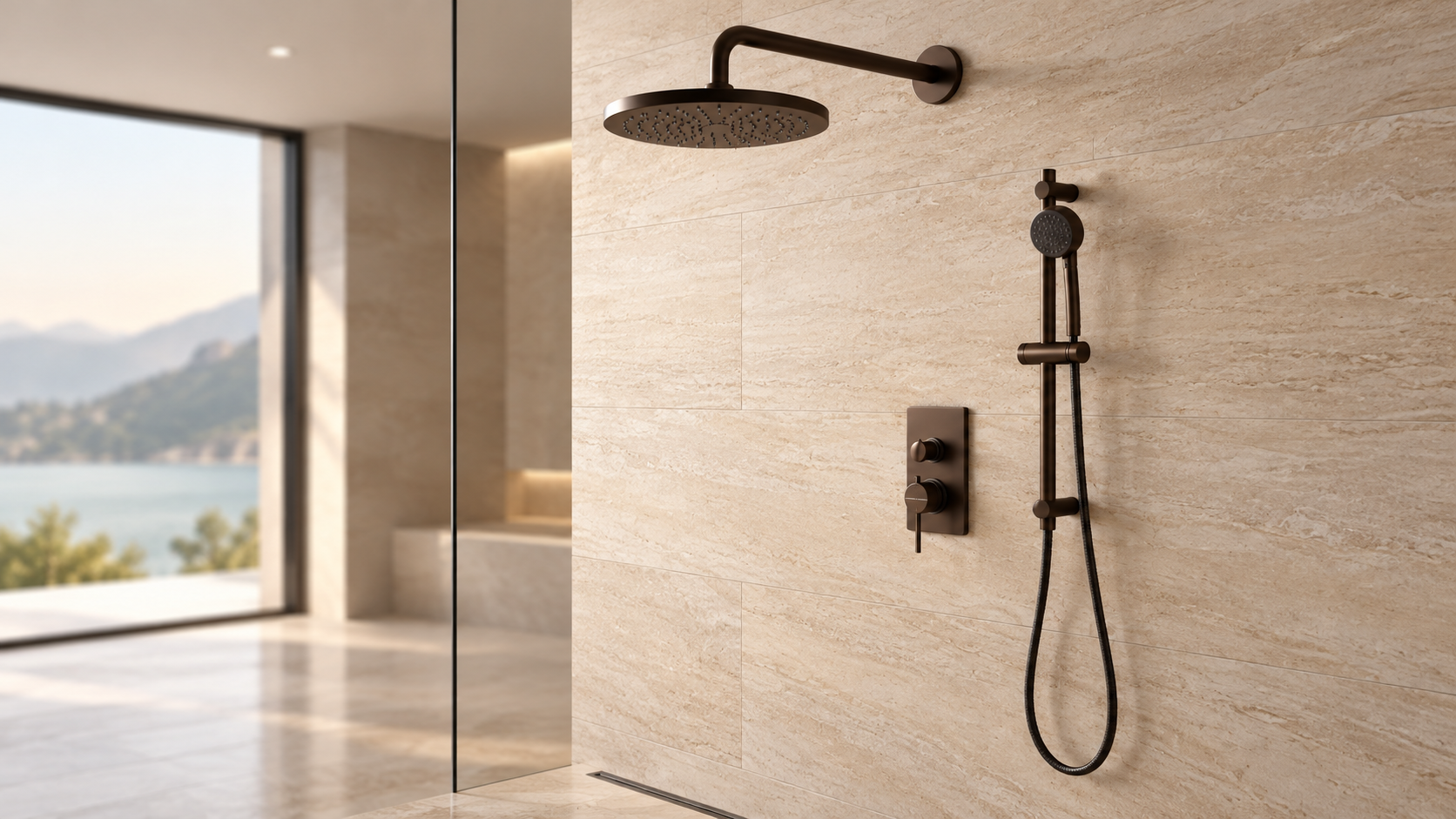 Oil rubbed bronze shower system in a travertine luxury bathroom setting