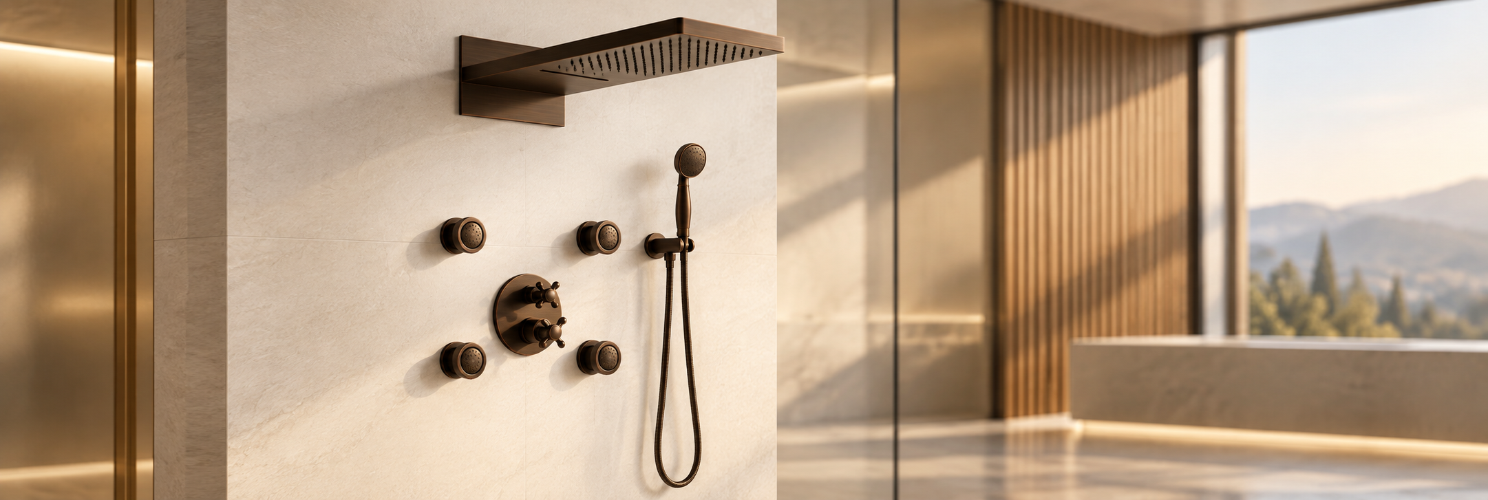 Antique copper-tone ceiling rainfall shower system with body jets
