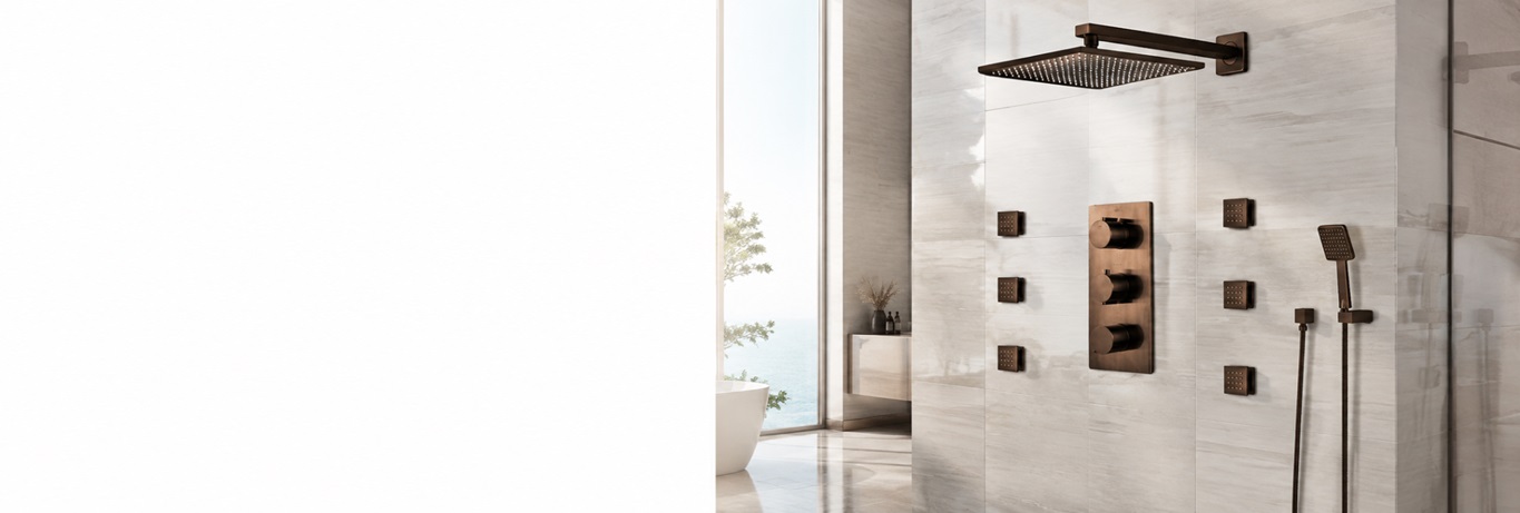 BathSelect Sierra light oil rubbed bronze LED rainfall shower system with six adjustable body jets and thermostatic mixer