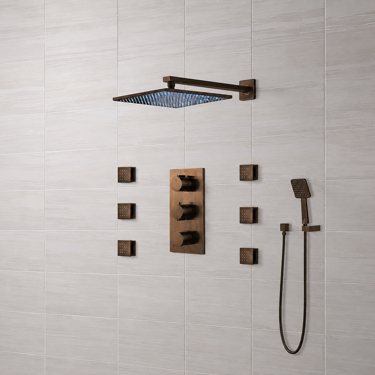 BathSelect Sierra Light Oil Rubbed Bronze Water-Powered Multicolor LED Shower System with Thermostatic Mixer and Adjustable Body Jets